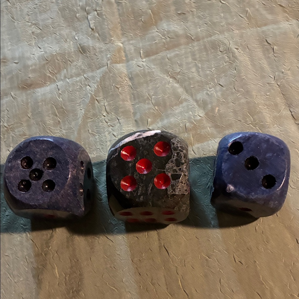 Set of Three Large Blue and Black Marble Dice with Red Dots